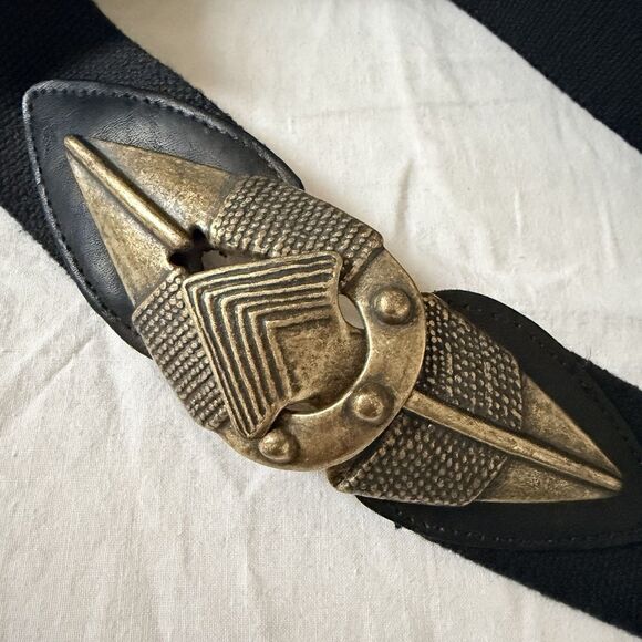 Vtg Omega & Day Lor Stretch Belt Bundle Black Elastic Gold Tone Statement Buckle main image 13